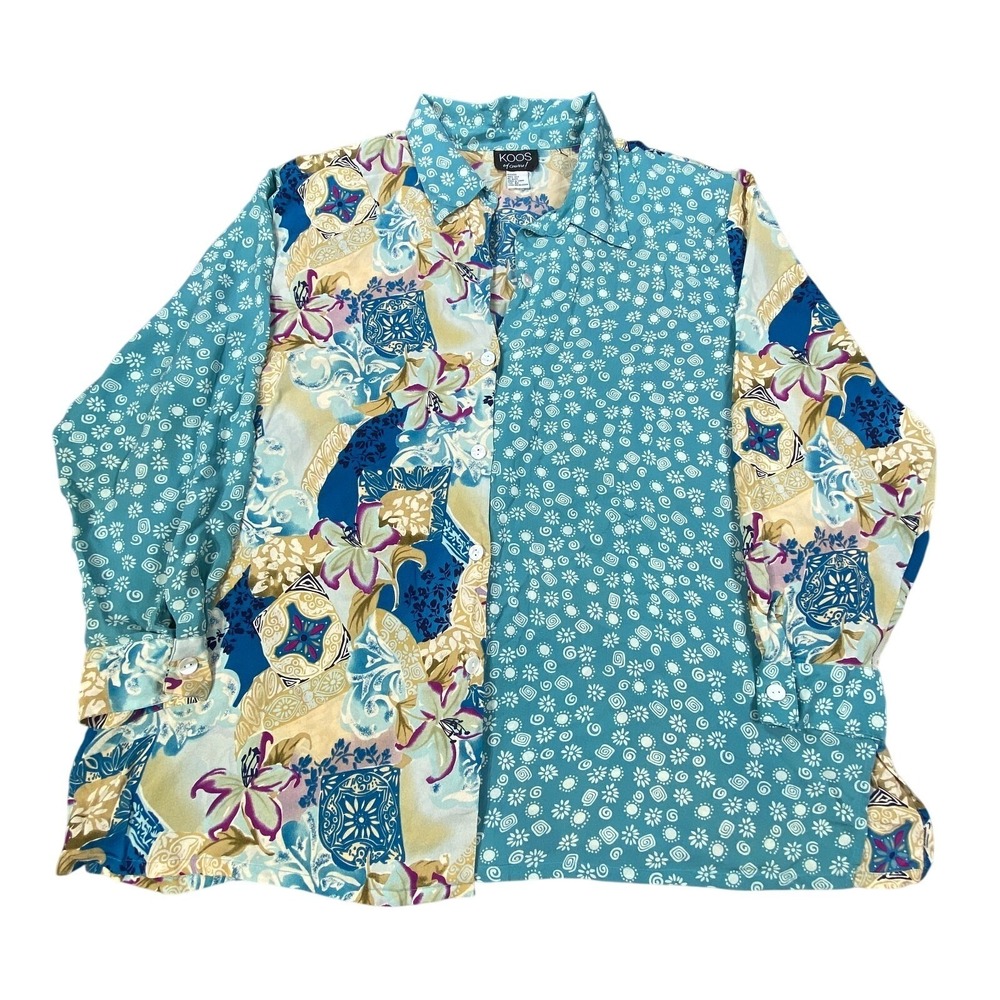 VTG Women Shirt 3X Floral Abstract 100% Silk Boho Blouse Artsy Cottagecore Top